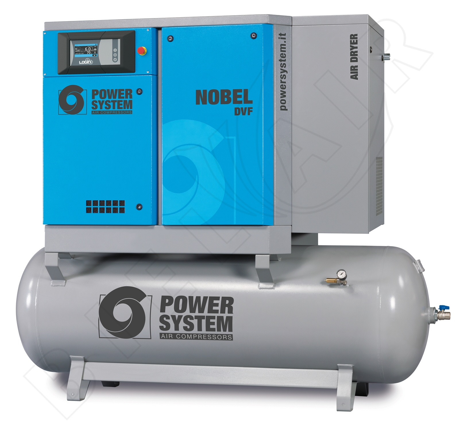 POWERSYSTEM Schraubenkompressor NOBEL 11-10 500 DVF (IE3) LOGIN Frequenzgesteuert mit Behälter und Kältetrockner