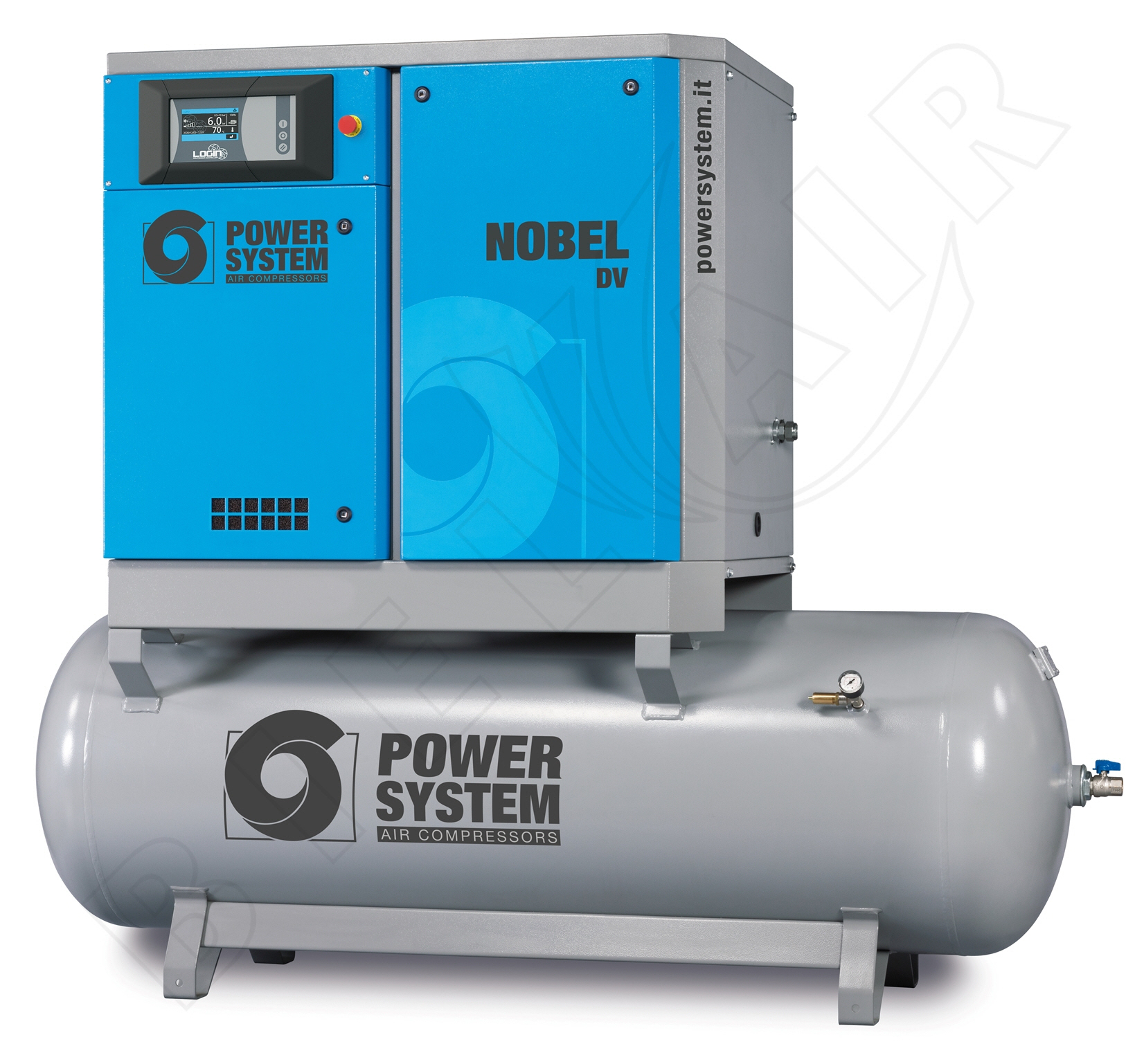 POWERSYSTEM Schraubenkompressor NOBEL 11-08 500 DV (IE3) LOGIN Frequenzgesteuert mit Behälter